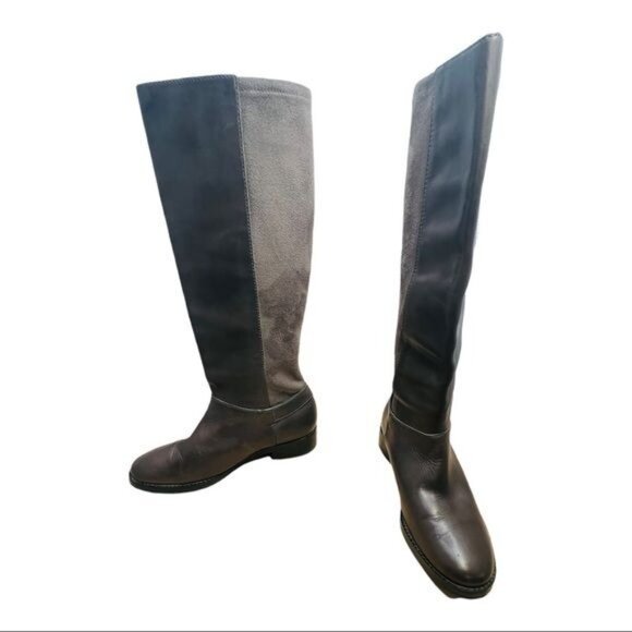 Cole Haan Adler Leather Suede Patchwork Tall Riding Boots Adjustable Gray 7.5 - Picture 3 of 13